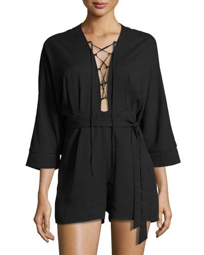 Bria Lace-up Romper, Black