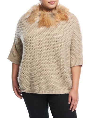 Waffle-knit Fox-trim Sweater,