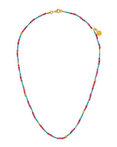 Delicate Hue 24k Red Spinel & Turquoise Beaded Necklace