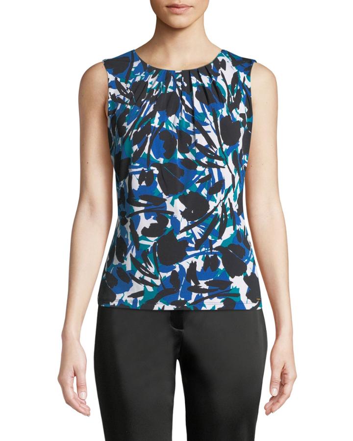 Abstract-print Sleeveless Pleat-neck Cami