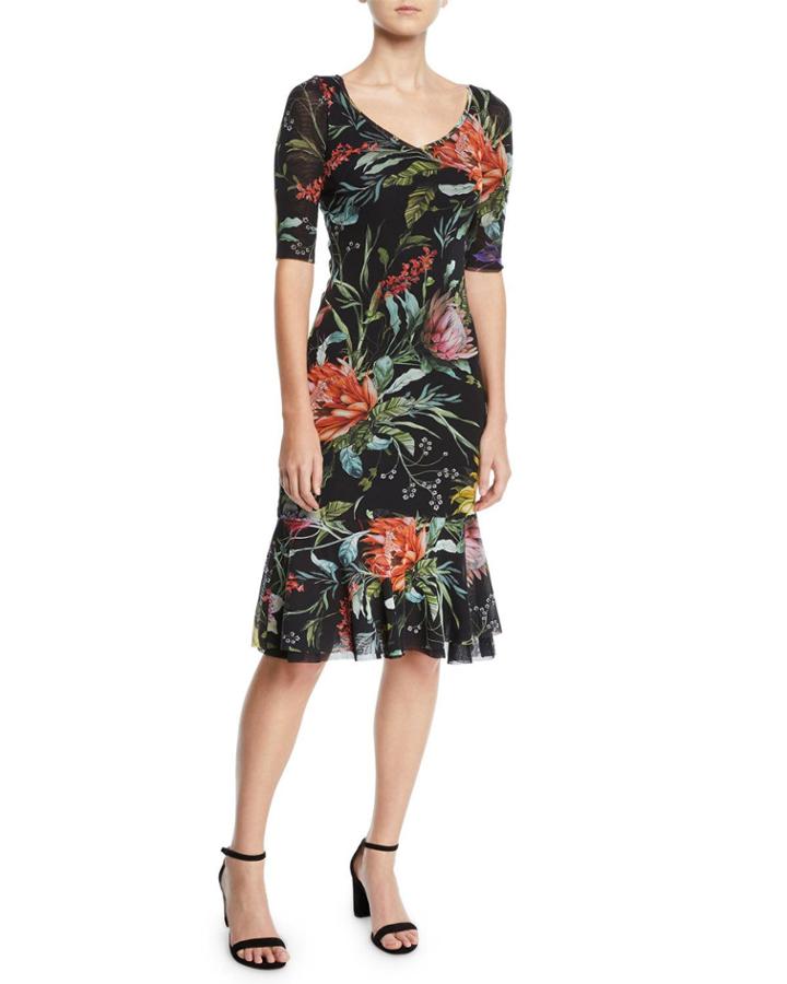 Botanical Floral Ruffle-hem Dress