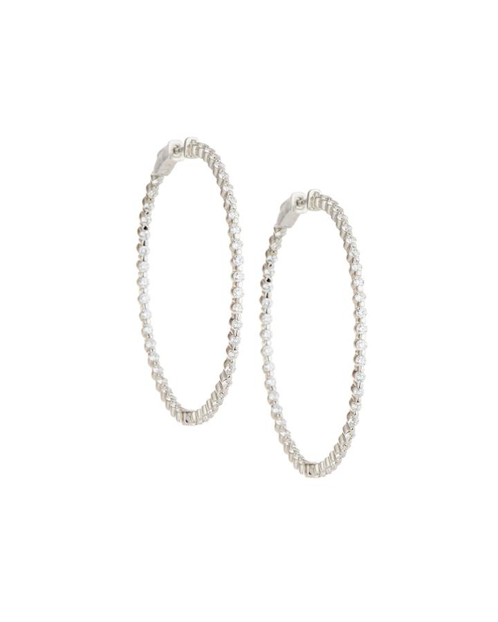 14k White Gold Thin Diamond Hoop Earrings,