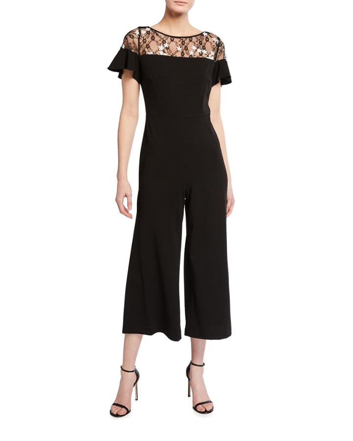 Lace Yoke Floral Applique Cropped Jumpsuit
