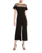Lace Yoke Floral Applique Cropped Jumpsuit
