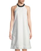 Ruched-strap High-neck Poplin Dress