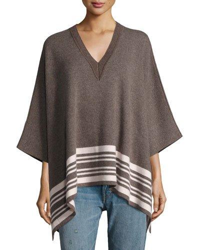 Cashmere-blend Border-stripe Poncho, Toast