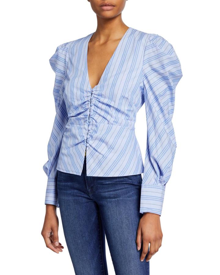 Ruched Oxford Striped V-neck Top