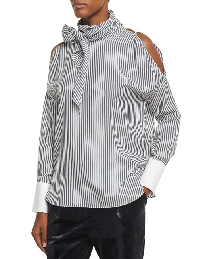 Striped Silk Cold-shoulder Tie-neck Blouse, White/blue