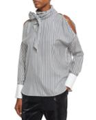 Striped Silk Cold-shoulder Tie-neck Blouse, White/blue