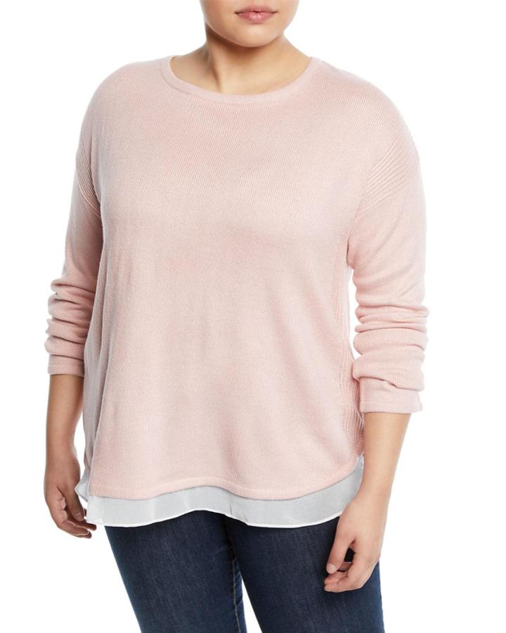 Chiffon-hem Crewneck Sweater,