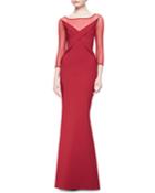 Alidora 3/4-sleeve Illusion Boat-neck Column Gown