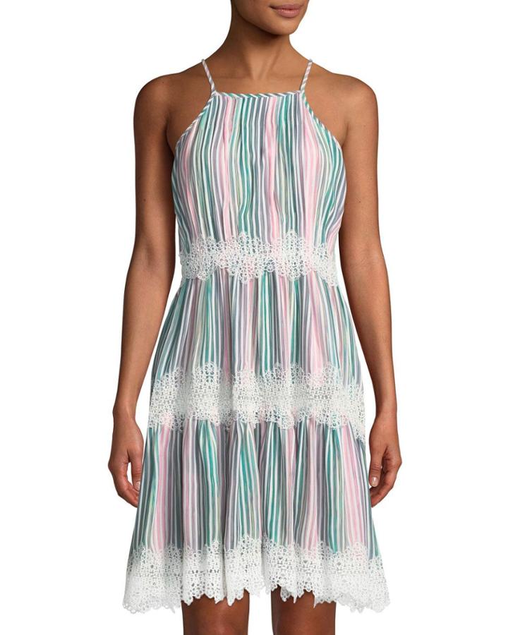 Striped Halter-neck Lace-trimmed Dress