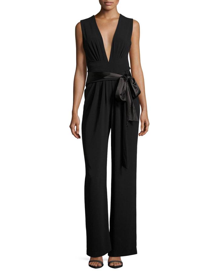 Sleeveless Wide-leg Plunging Jumpsuit W/