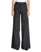 Talia Wide-leg Cotton Pants W/ Topstitching