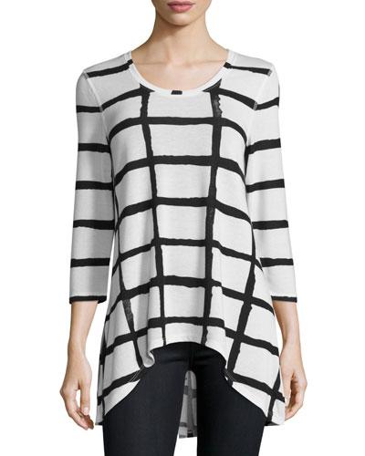 Grid-print High-low Tee, Black/white