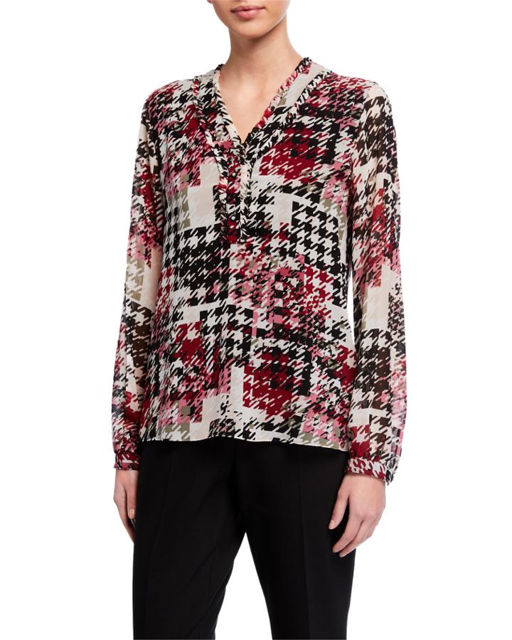 Printed Ruffle Long-sleeve Blouse