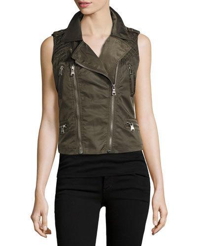 Twill Zip-front Moto Vest, Olive