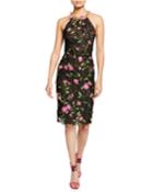 Halter Floral-embroidered Guipure Lace Dress W/ Cutout Back &