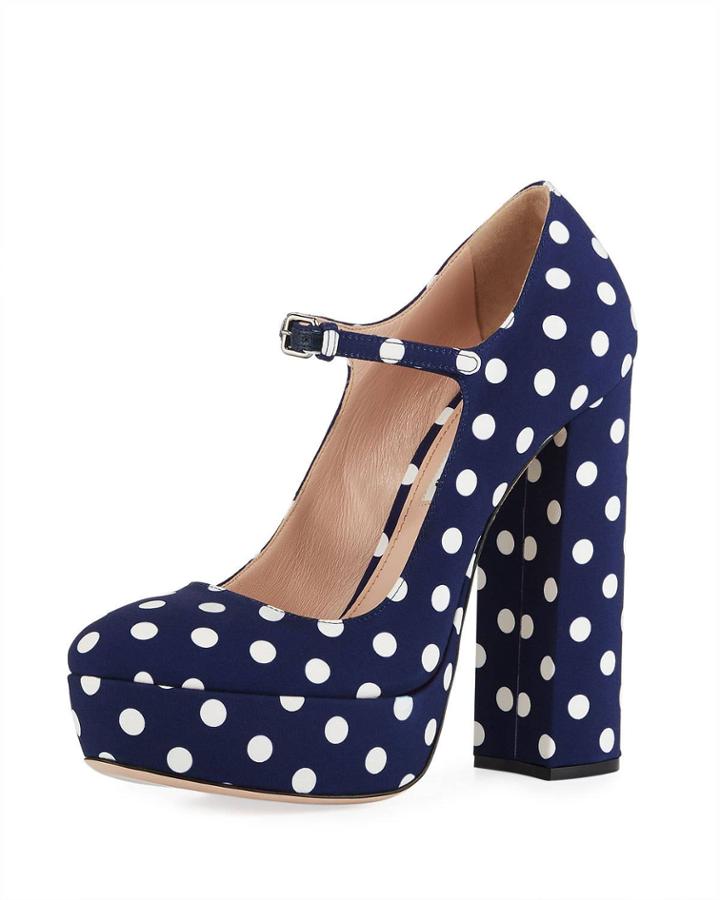 135mm Polka-dot Canvas Platform Mary Jane Pumps