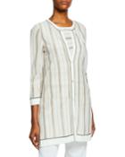 Plus Size Striped Button-front 3/4-sleeve Long Jacket With Trim
