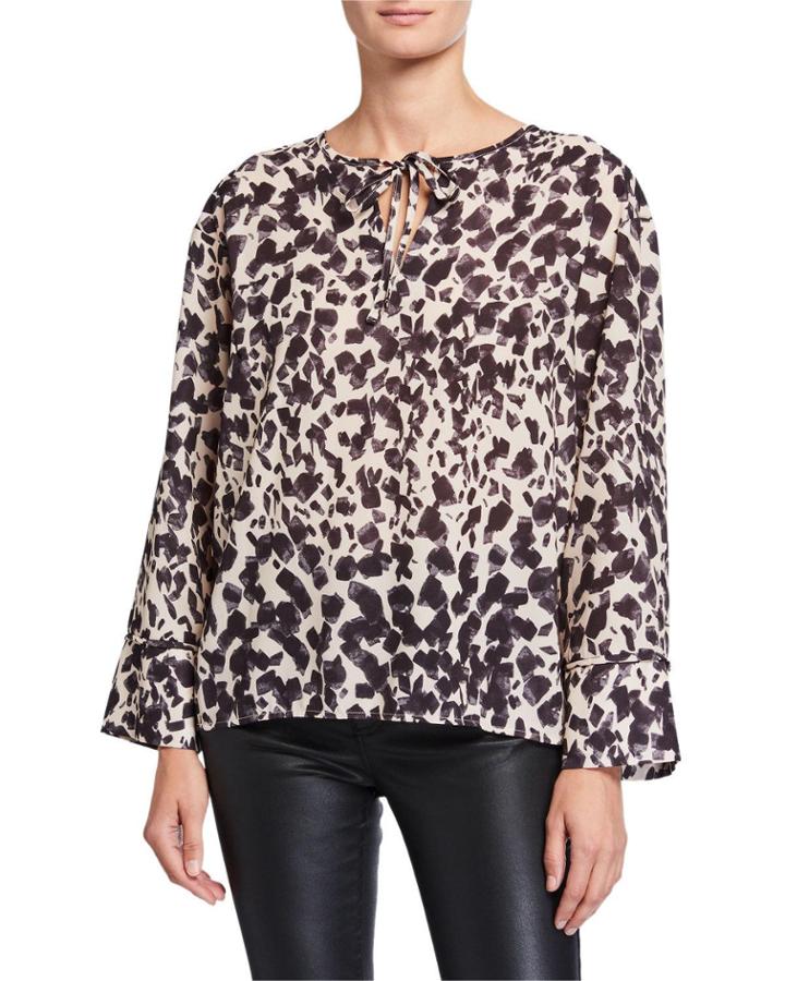 Abstract Long-sleeve Tie-front Keyhole Blouse