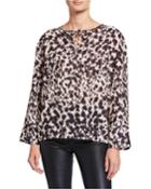 Abstract Long-sleeve Tie-front Keyhole Blouse
