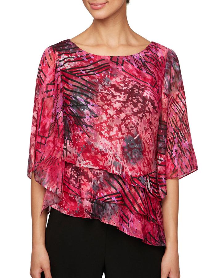 Printed Chiffon Burnout 3/4-sleeve Asymmetric Tiered Blouse