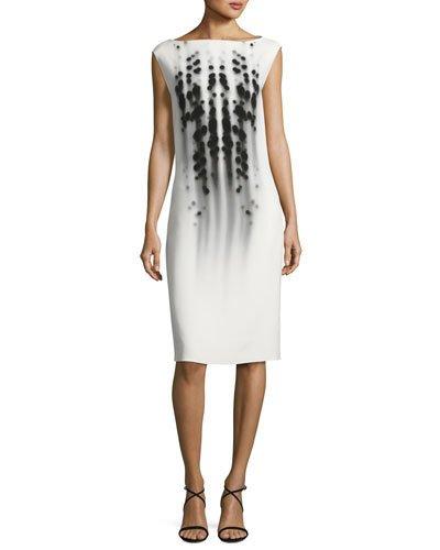 Dot-print Cap-sleeve Boat-neck Dress, White/black