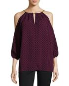 Chain-neck Printed Cold-shoulder Top, Black/pink