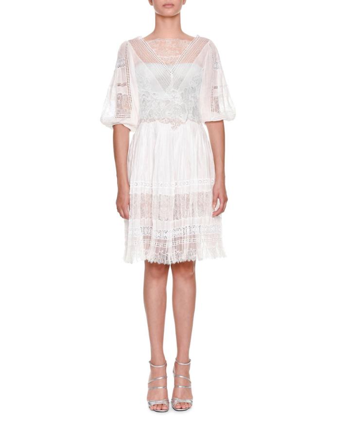High-neck Elbow-sleeve Multi-lace Plisse