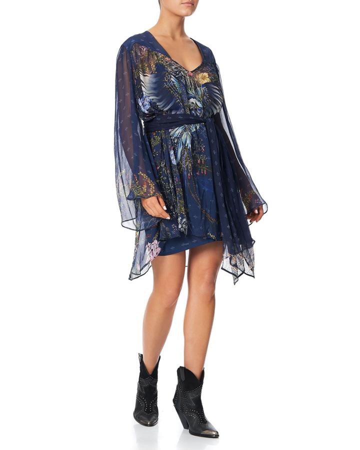 Printed Silk Short Dress With Yoke