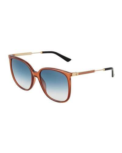 Plastic/metal Square Web-temple Sunglasses, Brown/gold