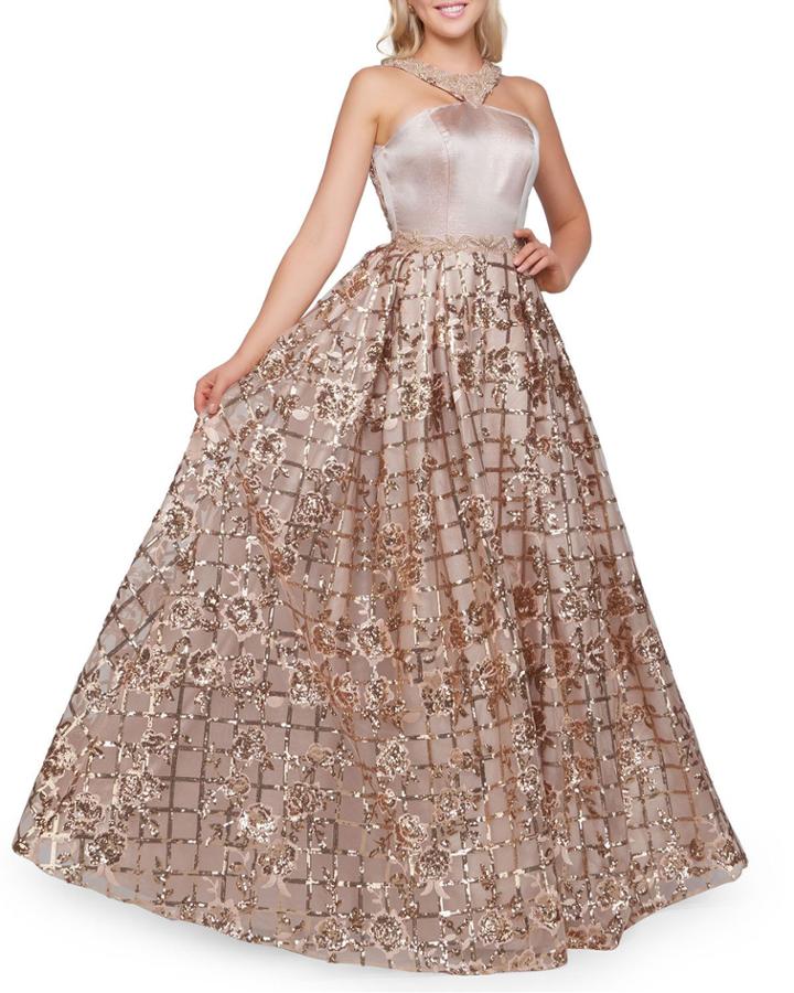 Halter Floral Sequin Ball Gown