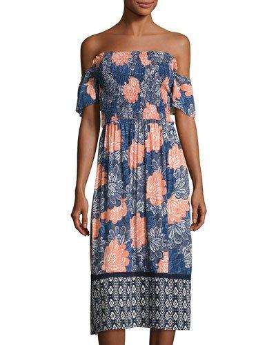 Smocked Off-the-shoulder Dress, Blue Pattern