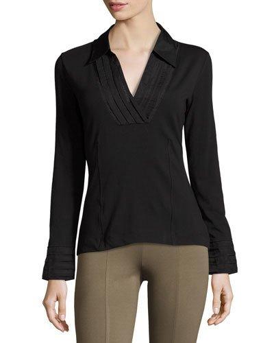 Pleated V-neck Top, Black