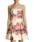 Strapless Floral-print Dress, Red