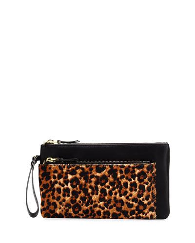 Leopard-print Faux-leather Double Pouch, Natural/black