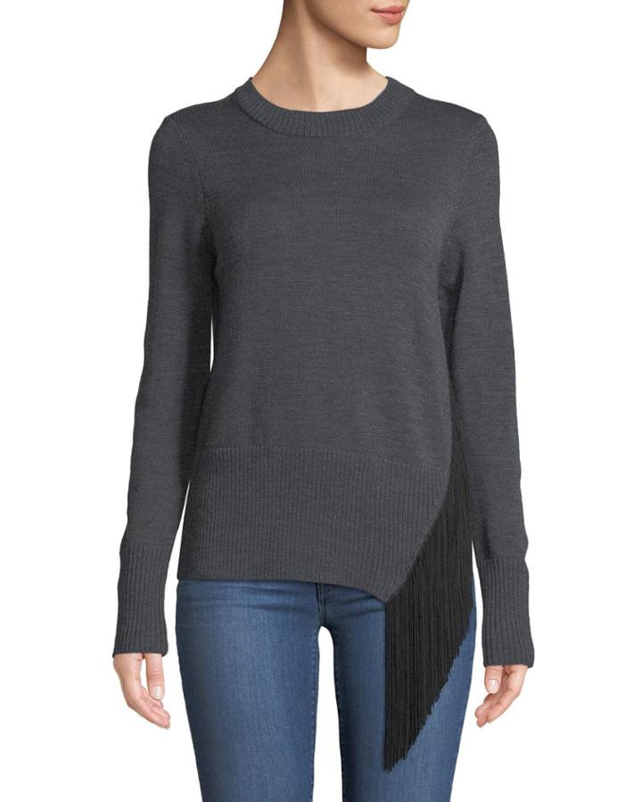 Crewneck Long-sleeve Pullover Wool Sweater W/ Angled Fringe