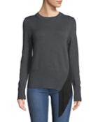 Crewneck Long-sleeve Pullover Wool Sweater W/ Angled Fringe