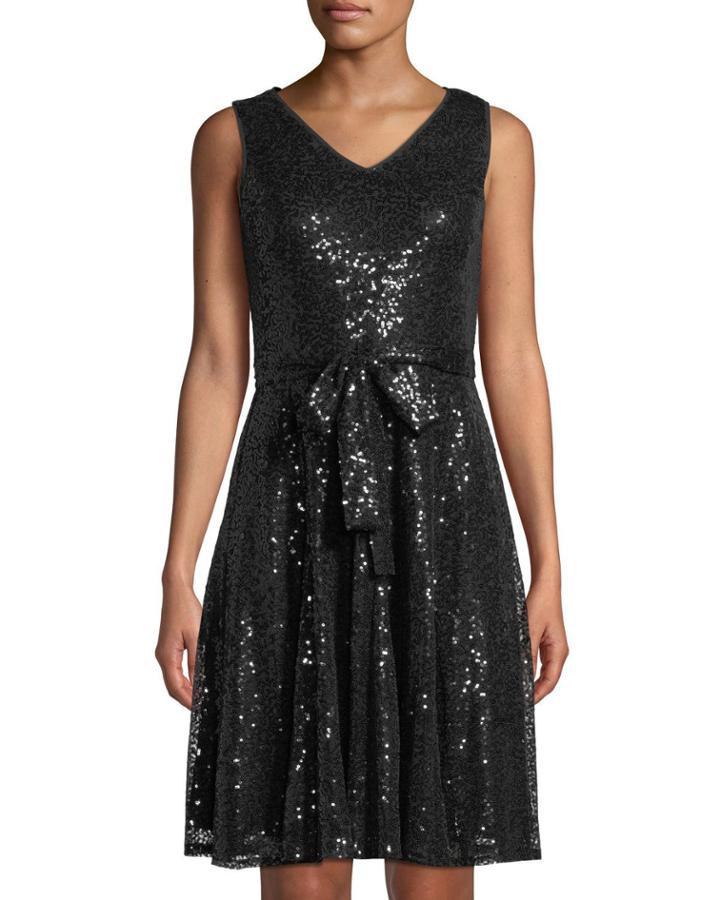 Sequined Belted Fit-and-flare Dress