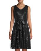 Sequined Belted Fit-and-flare Dress