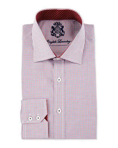 Mini-check Long-sleeve Dress Shirt, Red/blue