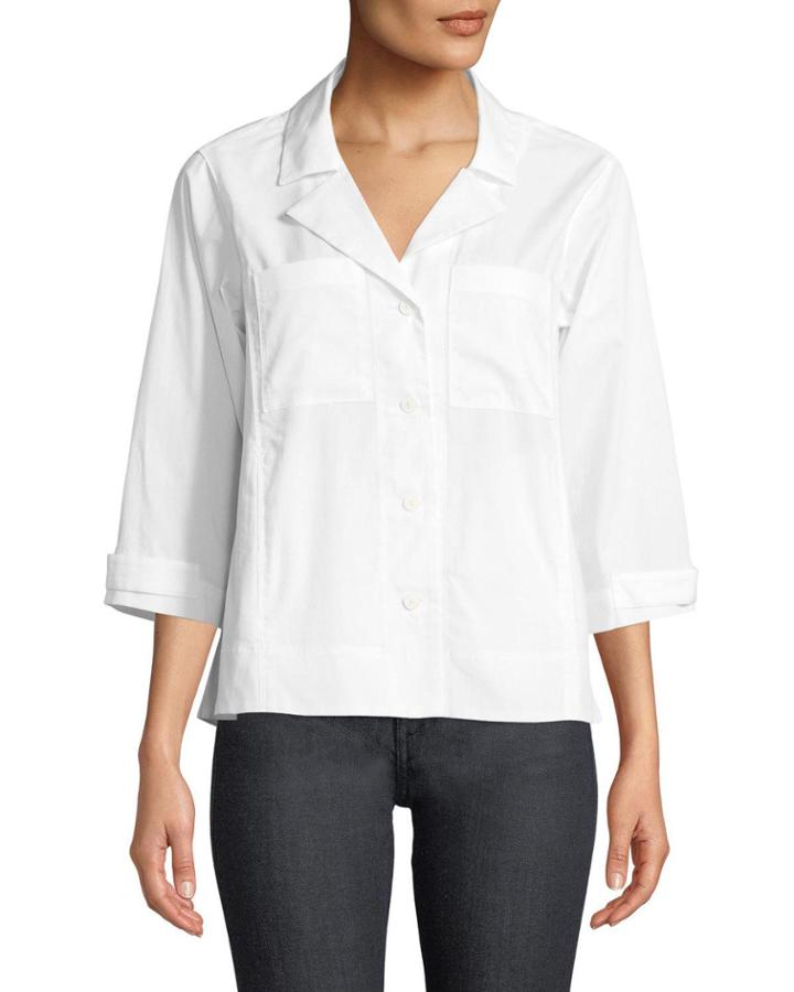 3/4-sleeve Button-front Poplin Blouse