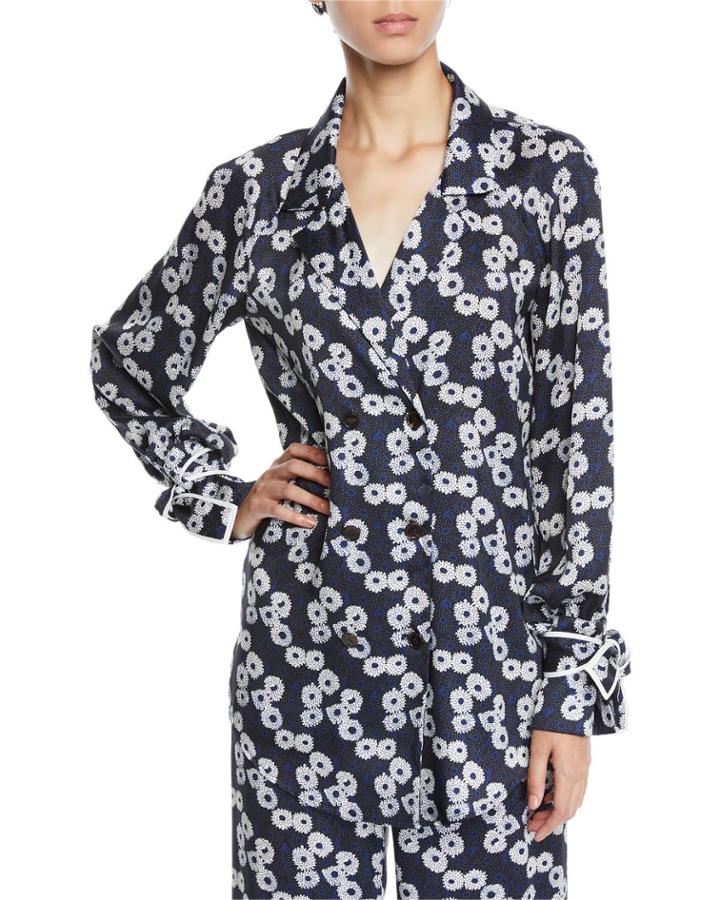 Double-breasted Floral-print Shirt W/ Tie Cuffs