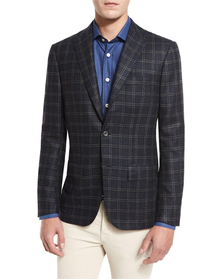 Plaid Three-button Sport Coat, Dark Charcoal