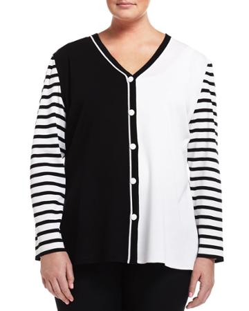Ming Wang Plus Striped Button-front V-neck Jacket, Black/white, Women's,