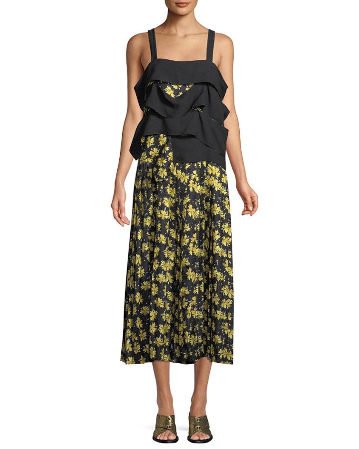 Sleeveless Draped Panel Cami Floral-print Pleated