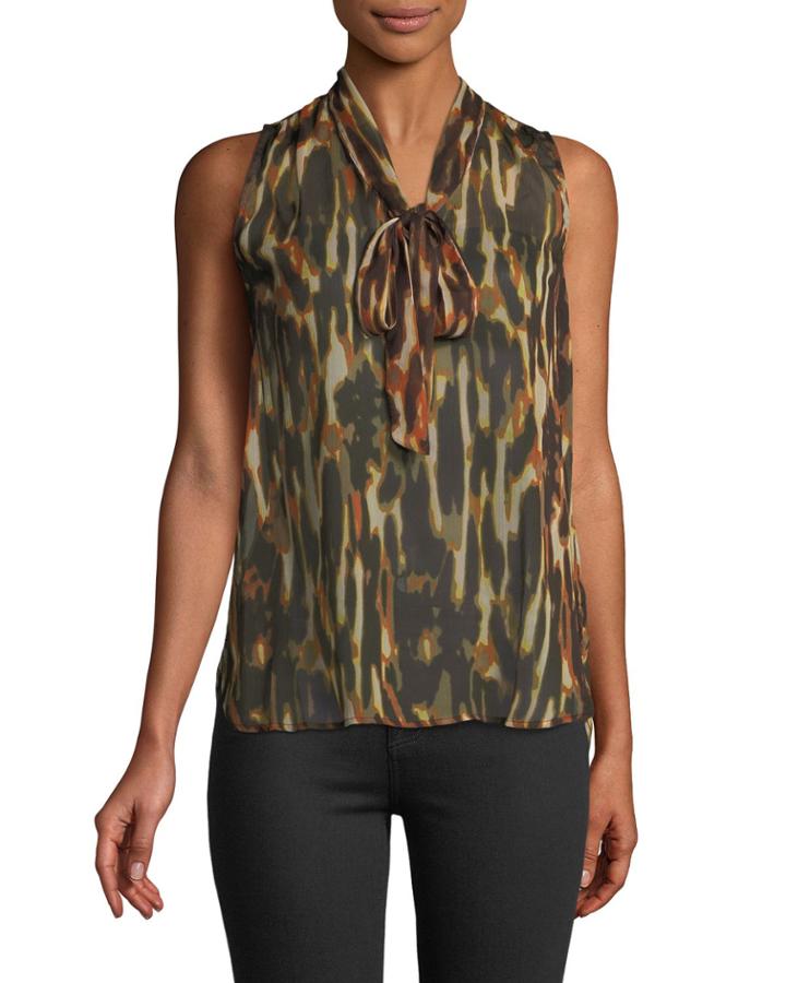 Bow-neck Sleeveless Printed Chiffon Blouse