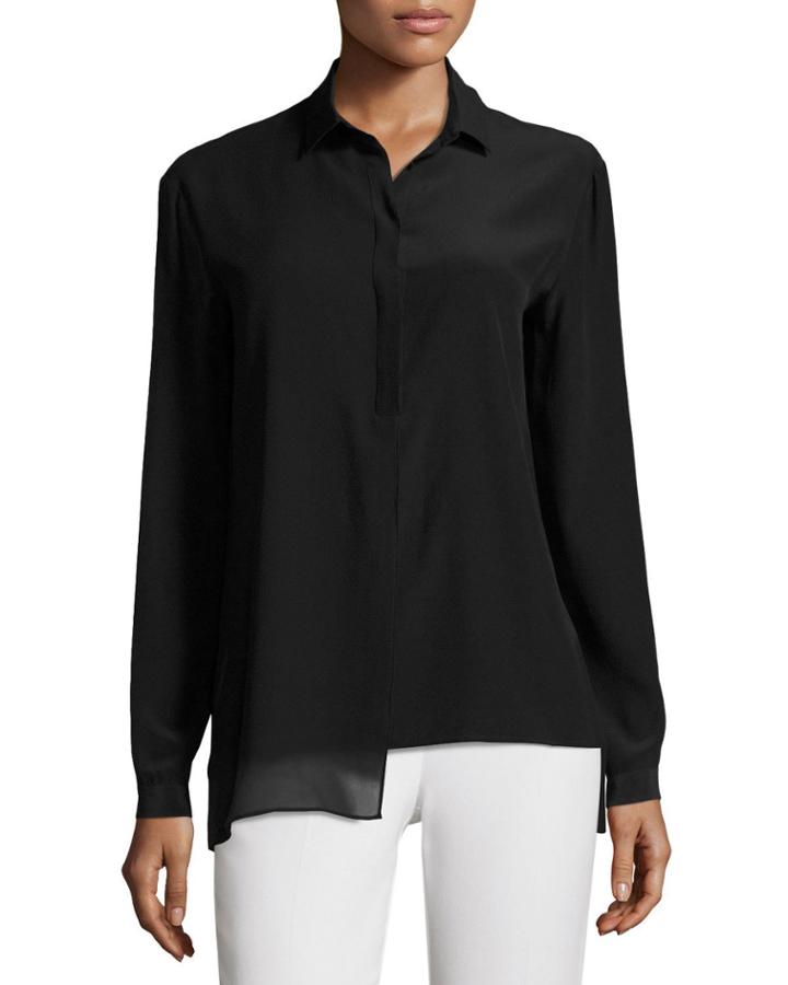 Long-sleeve Silk Tunic W/ Chiffon Overlay