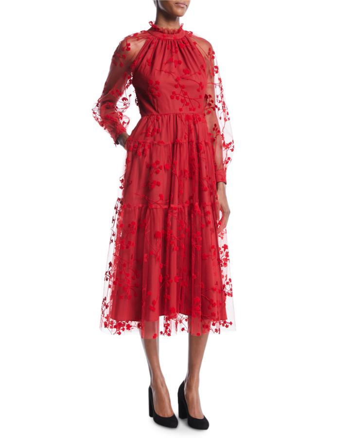 Long-sleeve Floral-embroidered Mock-neck Tulle Midi Cocktail Dress With Pockets